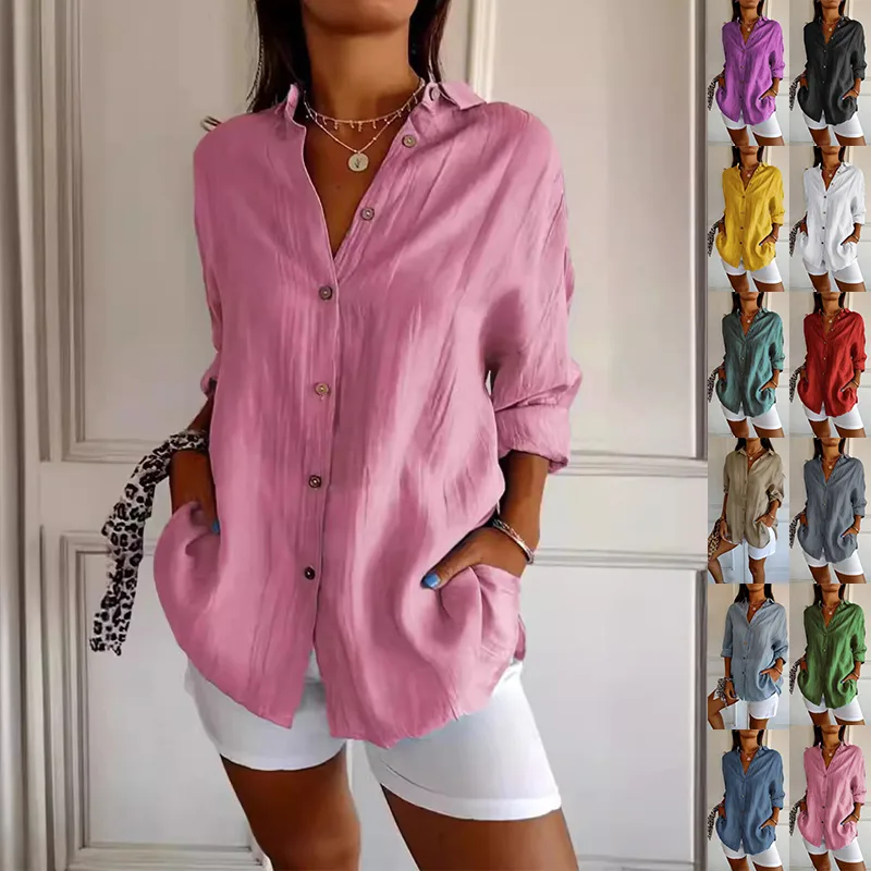 Lapel Long Sleeve Shirt Women's Single-breasted Pleated Tops Clothing