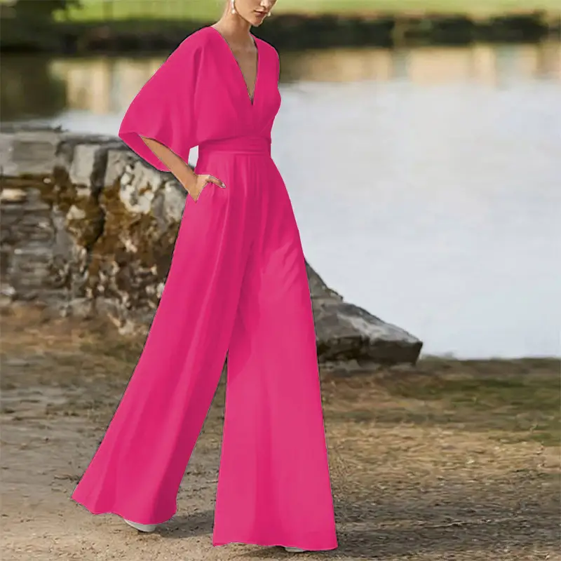 Women's Dress Jumpsuit Deep V High Waist Wide Legs
