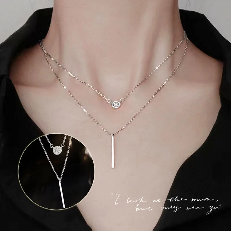 S925 Silver Color Double Chain Long Stick Micro Pave