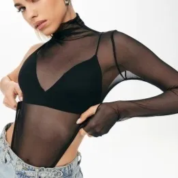 Women's Sheer Long Sleeve One-shoulder Bottoming Top - Black