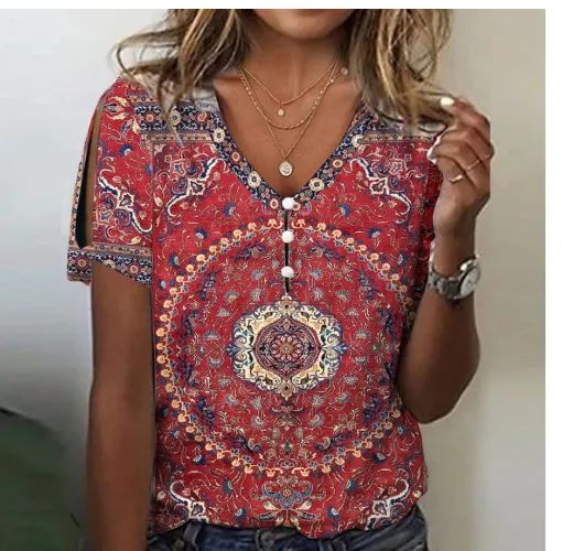 Flower Series 3D Printed V-neck Button T-shirt Top - Zhdxtx30A005