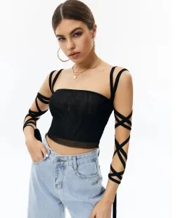 Solid Color Sleeveless Knotted Short Navel Women's Top Black - Shop at LoveMi