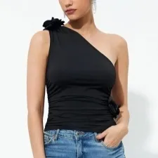 Slant Shoulder Pleated Drawstring Waist Slim Vest Black - Shop at LoveMi