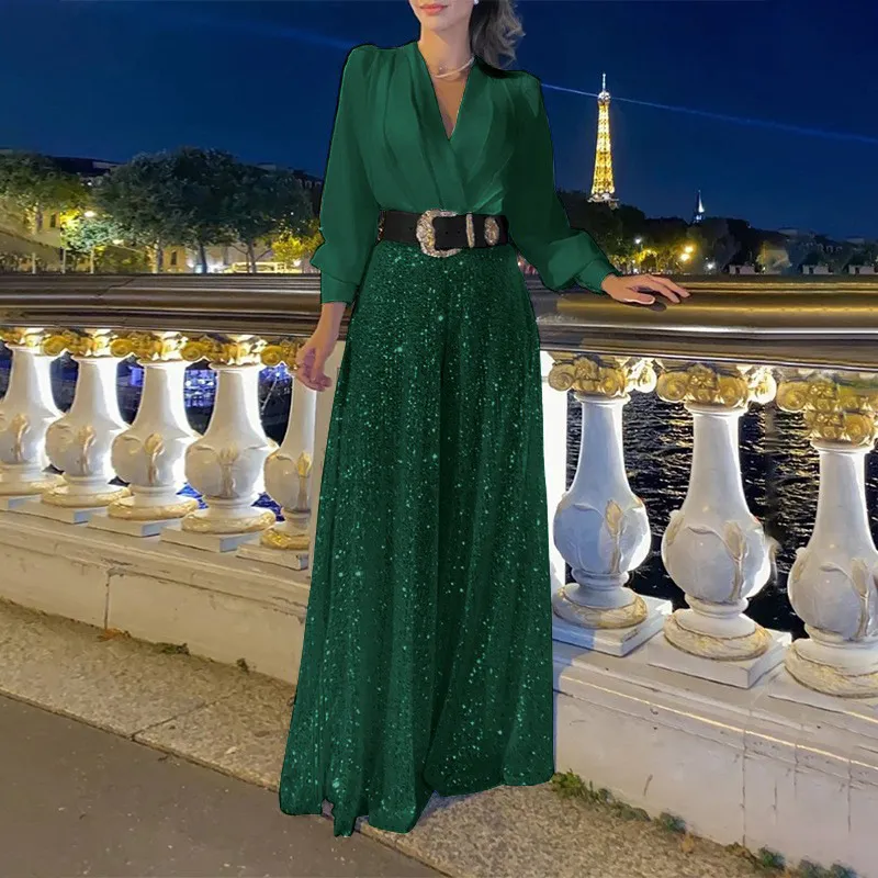 Women's Solid Color Fashion V-neck Long Sleeve Shirt Sequined Wide-leg Pants - Army Green