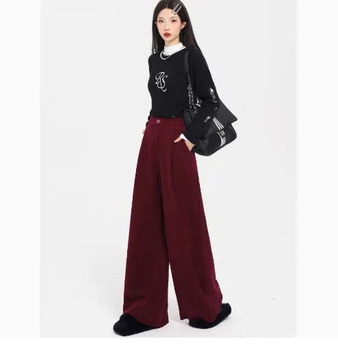 Thick Red Corduroy Wide Leg Pants For Women Wine Red - Shop at LoveMi