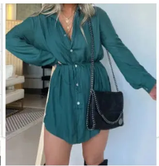 Women's Long Sleeve Jumpsuit With Button Fashion Shirt Dress - Turquoise-5Xl
