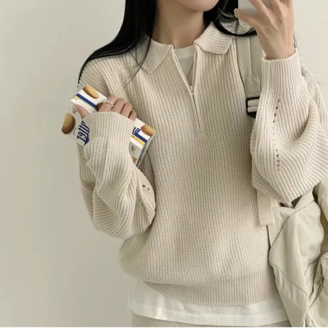Solid Color Half Zipper Polo Collar Loose Pullover Sweater Apricot - Shop at LoveMi