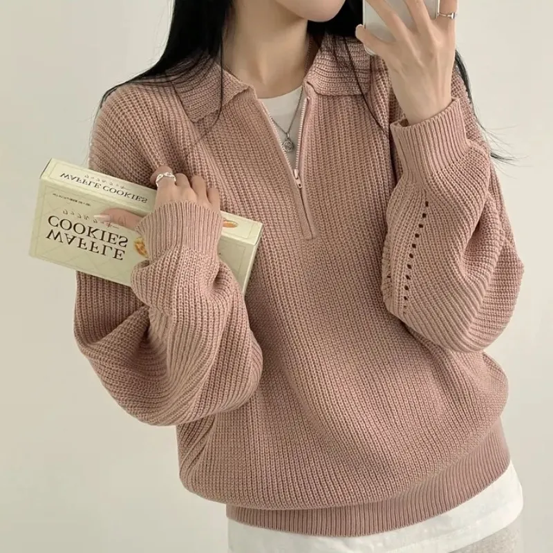 Solid Color Half Zipper Polo Collar Loose Pullover Sweater - Pink