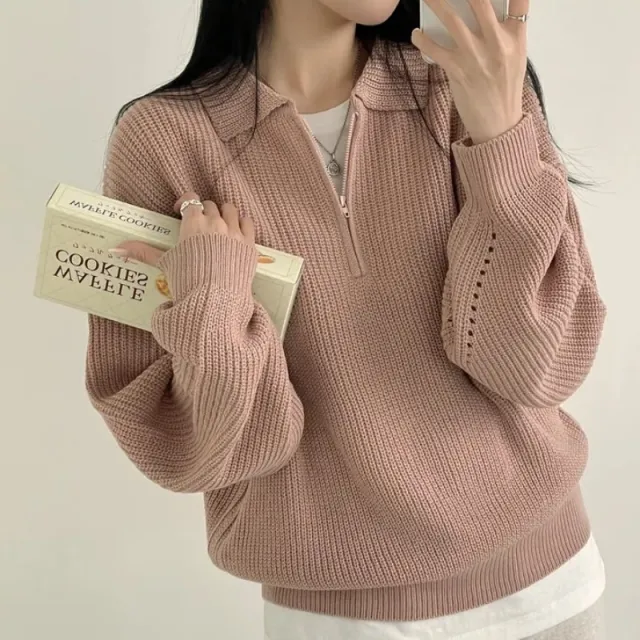 Solid Color Half Zipper Polo Collar Loose Pullover Sweater Pink - Shop at LoveMi