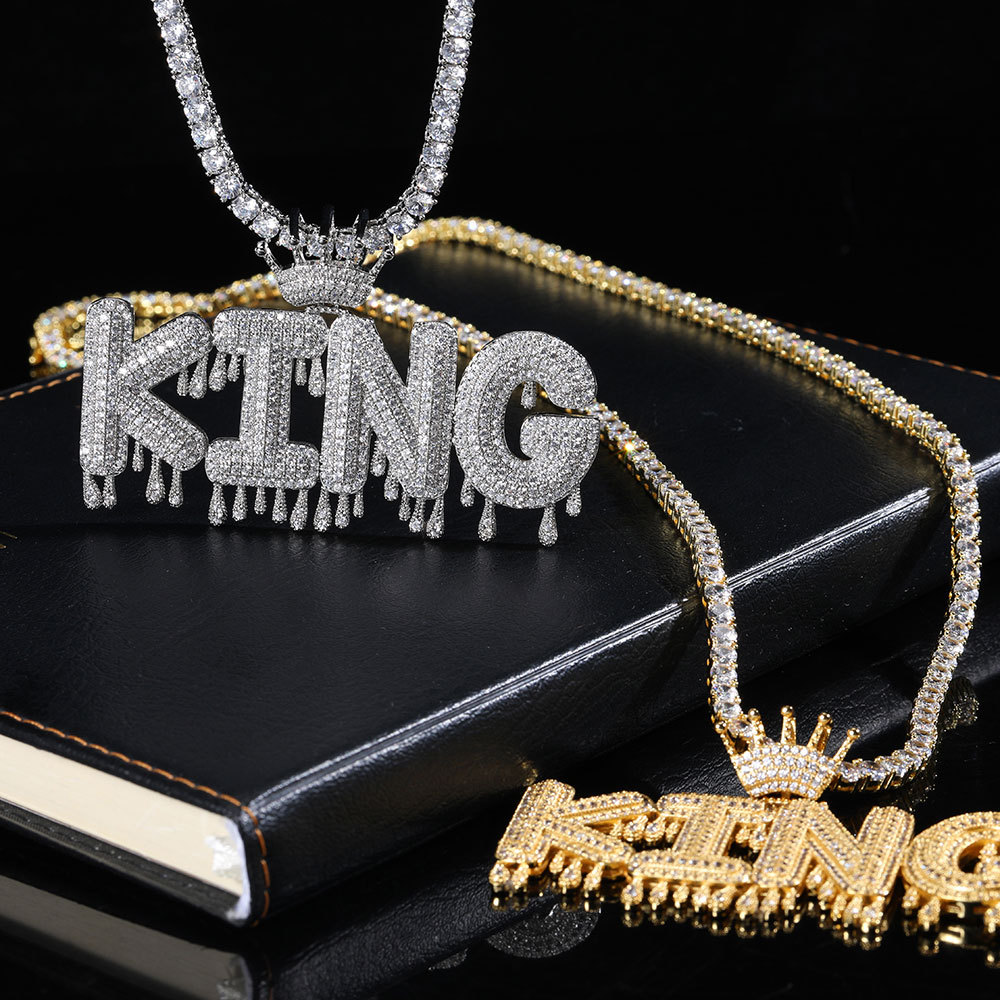 Hip Hop Crown Teardrop Alphanumeric Patchwork Pendant Necklace