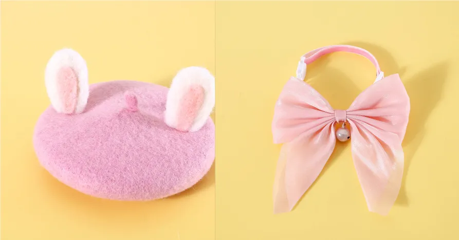 Pet Cat Small And Medium Size Felt Rabbit Ears Beret Rabbit Headwear Warm Hat - Pink Set