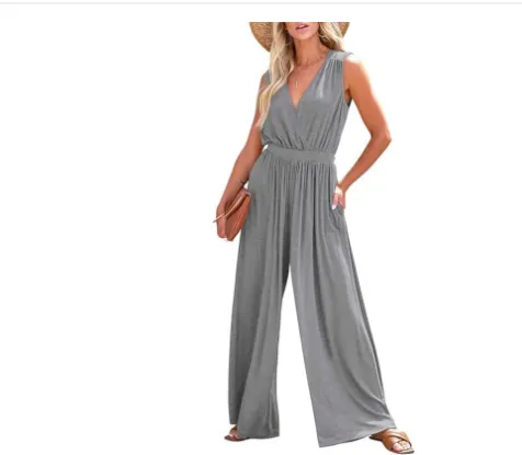 European And American Sleeveless Jumpsuit V neck Elegant Women's Formal Casual Grey - Shop at LoveMi
