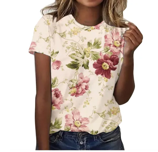 Summer Printed Round Neck Short Sleeve T-shirt Top Women's Clothing - Zchy332019