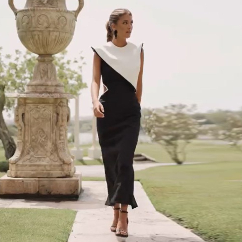 Women's Sleeveless Black And White Color Matching Suit Skirt