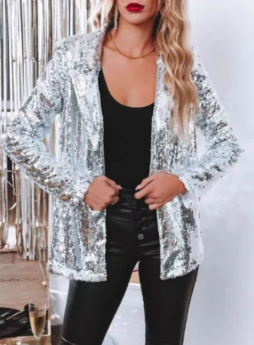 Sequined Long Sleeve Elegant Small Blazer Silver - Shop at LoveMi