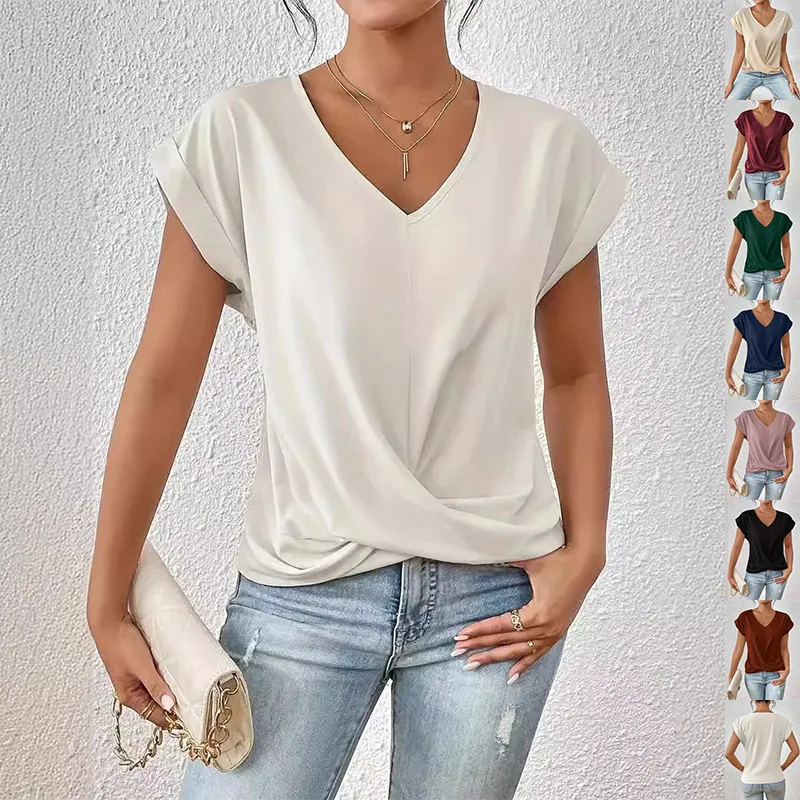 Fashion V-neck Short-sleeve T-shirt Summer Casual Irregular Knot Top For Women Clothing