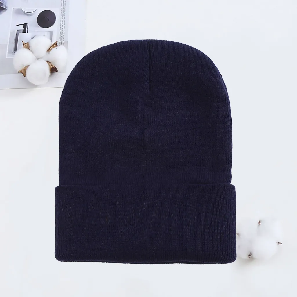 Knitted Hat AutumnWinter Cold Hat Couple Knitted Hat Candy Color - Navy Blue
