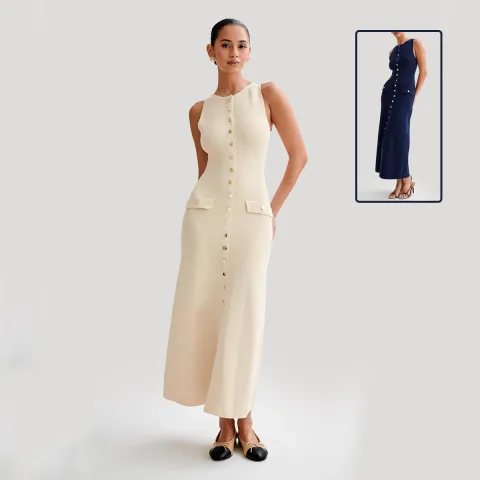 Elegant Knitted Sleeveless Dress with Single Breast Fashion Slim
