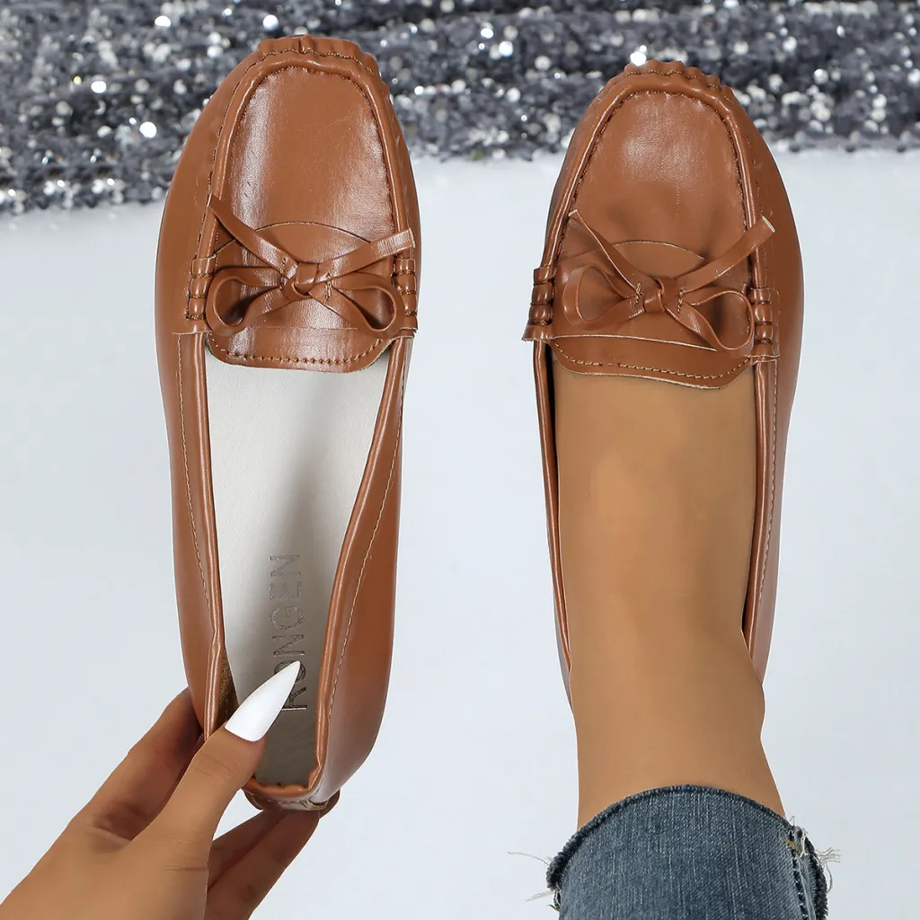 Casual Bowknot Flat Shoes Fashion Comfortable Soft-soled Loafers Slip-on Cozy Shoes Women - Brown