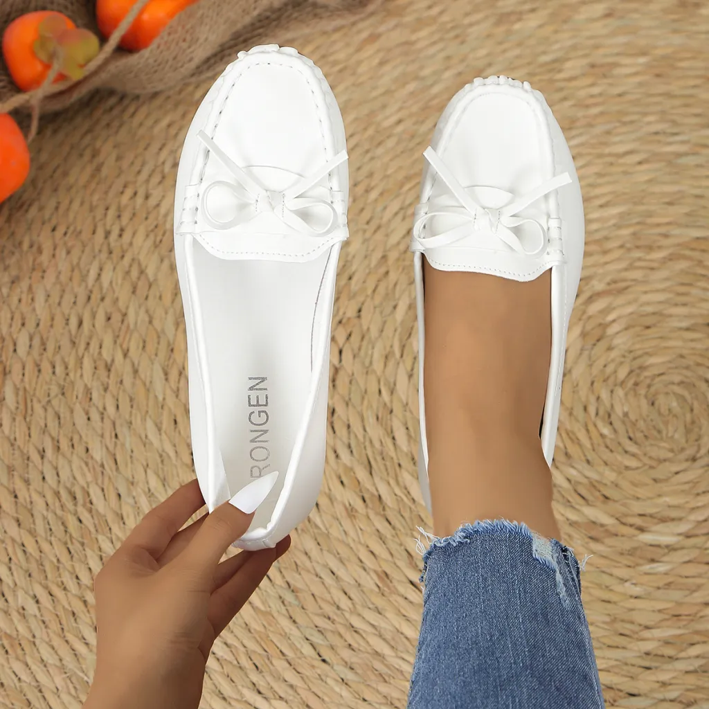 Casual Bowknot Flat Shoes Fashion Comfortable Soft-soled Loafers Slip-on Cozy Shoes Women - White