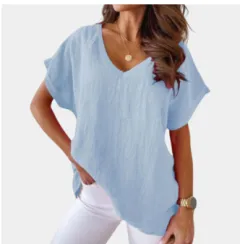 Solid Color Cotton And Linen Short-sleeved V-neck Shirt T-shirt For Women - Sky Blue Solid Color - View 1