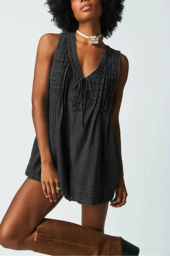 V-neck Sleeveless Denim Shorts Jumpsuit With Pockets Summer Fashion Loose Beach Pants - Black
