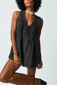 V-neck Sleeveless Denim Shorts Jumpsuit With Pockets Summer Fashion Loose Beach Pants - Black - View 1
