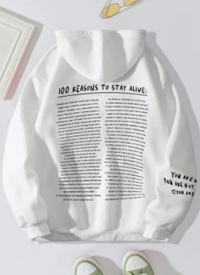 Large Size Fleece-lined Casual Letter Thread Drop-shoulder Sleeve Hooded Sweater - White