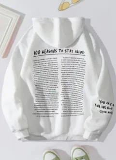 Large Size Fleece-lined Casual Letter Thread Drop-shoulder Sleeve Hooded Sweater - White - View 1
