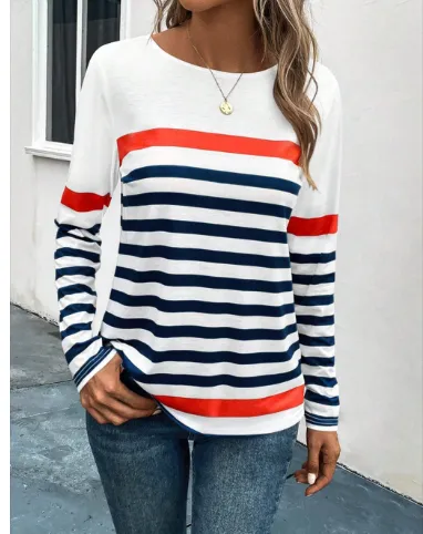 European And American Fashion Striped Printed Round Neck Long Sleeve Women 3W5Zfp7 Xl - Shop at LoveMi