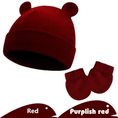 Newborn Gloves Hat Two-piece Set Keep Baby Warm Cashmere Thickened - Wine Red - View 1