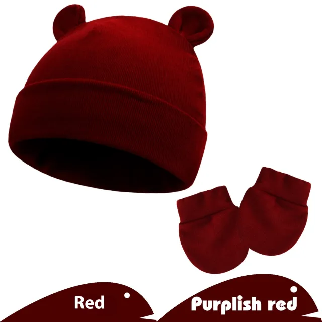 Newborn Gloves Hat Two piece Set Keep Baby Warm Cashmere Thickened Wine Red - Shop at LoveMi
