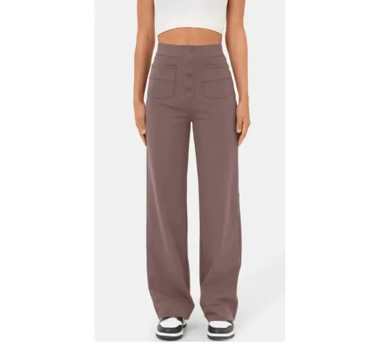 New Fall Women's Clothing High Waist Pocket Wide Leg Button Casual Baggy Straight Trousers Trousers - Milk Coffee Color