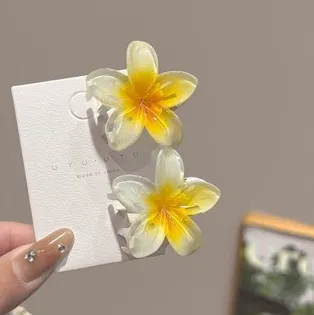 4CM Plumeria Rubra Grip Flower Barrettes Female Yellow2Pcs - Shop at LoveMi