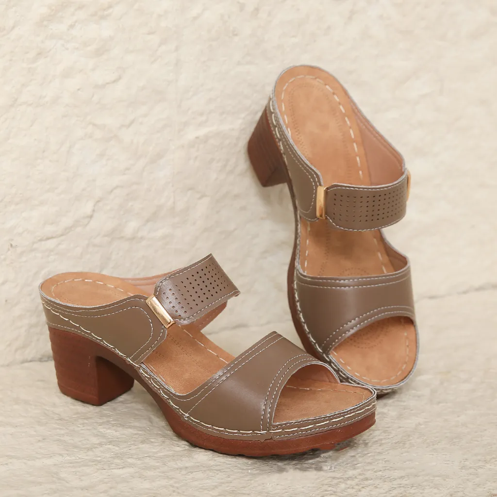 Women's Casual Anti Slip Thick Soled High Heel Sandals - Brown