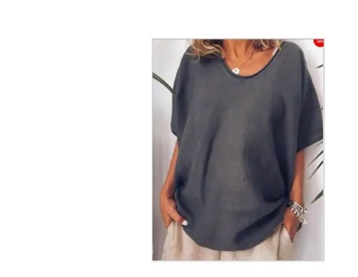 Cotton And Linen Solid Color Short sleeved T shirt Women's Casual Coat Dark Grey - Shop at LoveMi