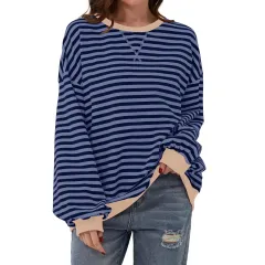 Loose Striped Long Sleeve T-shirt Casual Pullover Sweater For Womens Clothing - Denim Blue - View 1