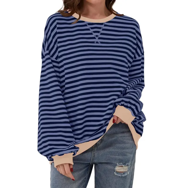 Loose Striped Long Sleeve T shirt Casual Pullover Sweater For Womens Clothing Denim Blue - Shop at LoveMi