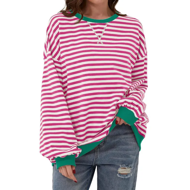 Loose Striped Long Sleeve T shirt Casual Pullover Sweater For Womens Clothing Rose - Shop at LoveMi