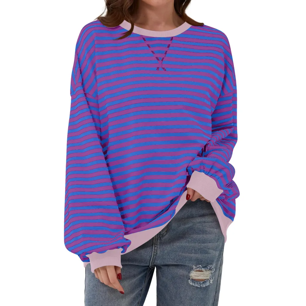 Loose Striped Long Sleeve T-shirt Casual Pullover Sweater For Womens Clothing - Purplish Blue