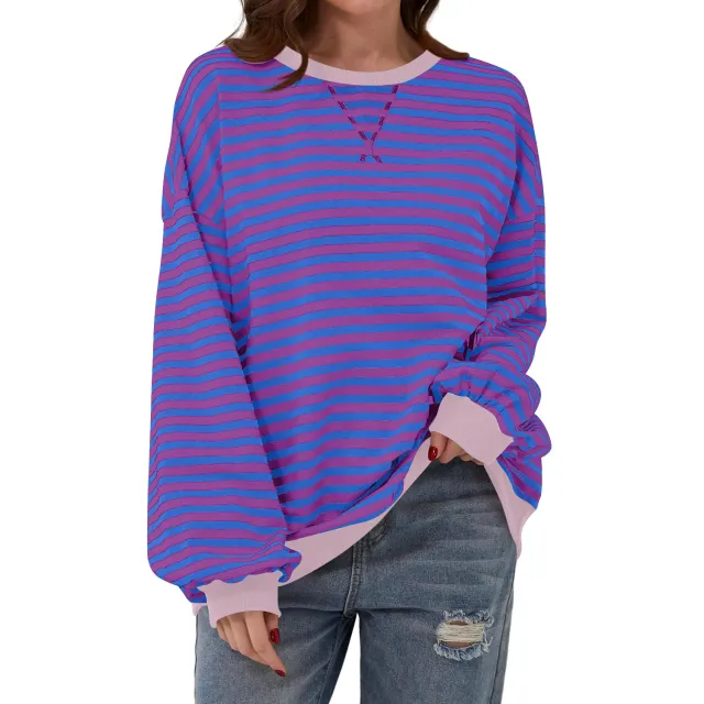 Loose Striped Long Sleeve T shirt Casual Pullover Sweater For Womens Clothing Purplish Blue - Shop at LoveMi