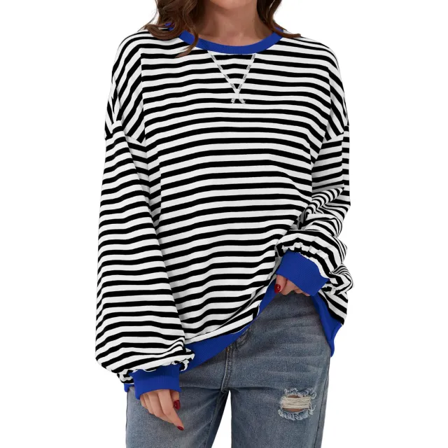 Loose Striped Long Sleeve T shirt Casual Pullover Sweater For Womens Clothing White - Shop at LoveMi
