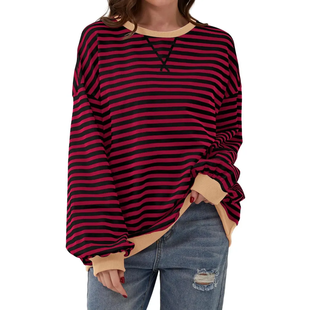 Loose Striped Long Sleeve T-shirt Casual Pullover Sweater For Womens Clothing - Black And Red