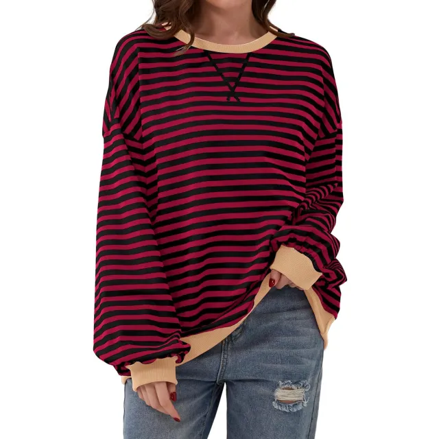 Loose Striped Long Sleeve T shirt Casual Pullover Sweater For Womens Clothing Black And Red - Shop at LoveMi
