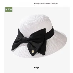 Light Luxury High-end Encryption Straw Summer Wide Brim Show Face Small Temperament Sun Hat - White - View 1