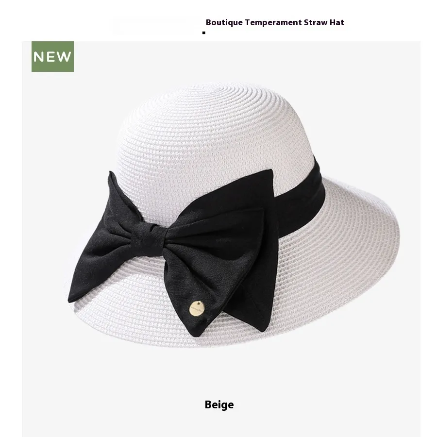 Light Luxury High-end Encryption Straw Summer Wide Brim Show Face Small Temperament Sun Hat - White