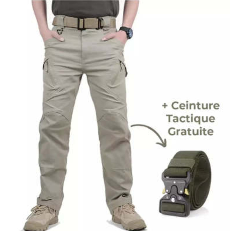 Khaki pants with green belt