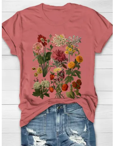 Flower Plant Print Casual Loose Round Neck Short Sleeve Dx010 M - Shop at LoveMi