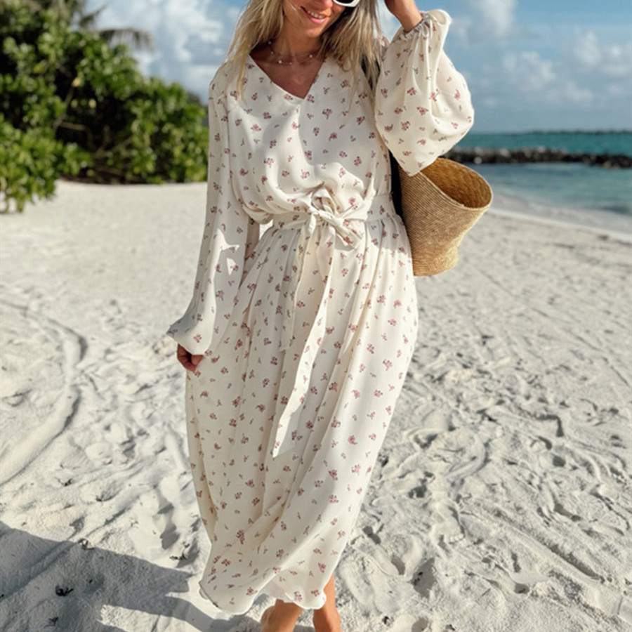 Chiffon Printed V-Neck Long Dress, picture 3 of 8