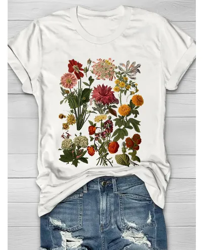 Flower Plant Print Casual Loose Round Neck Short Sleeve Dx020 - Shop at LoveMi